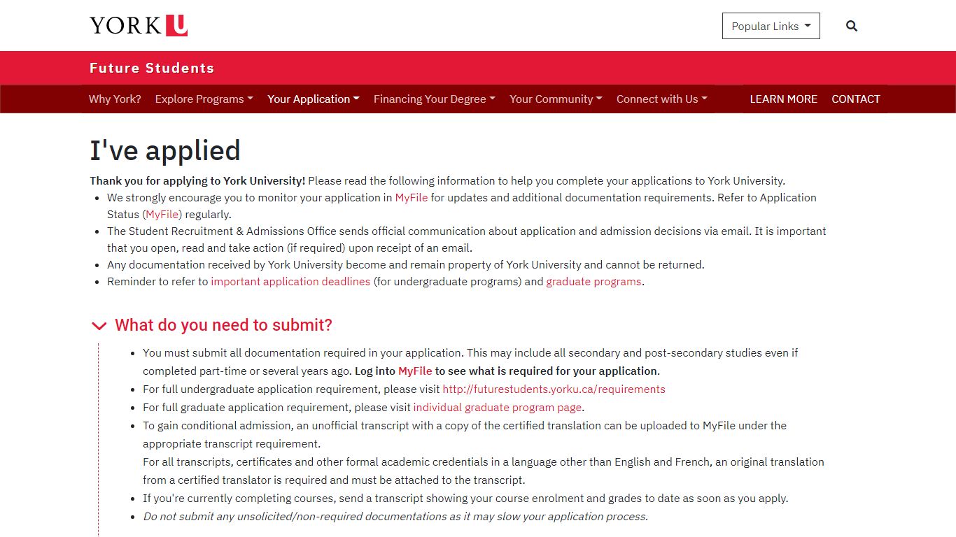 I've applied | Future Students | York University | York University